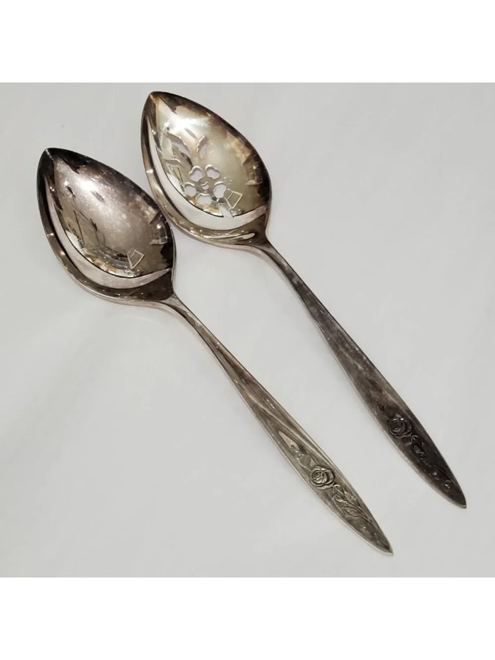 Oneida Morning Rose Serving Spoons Set  silverplate floral 1960s slotted 8.75